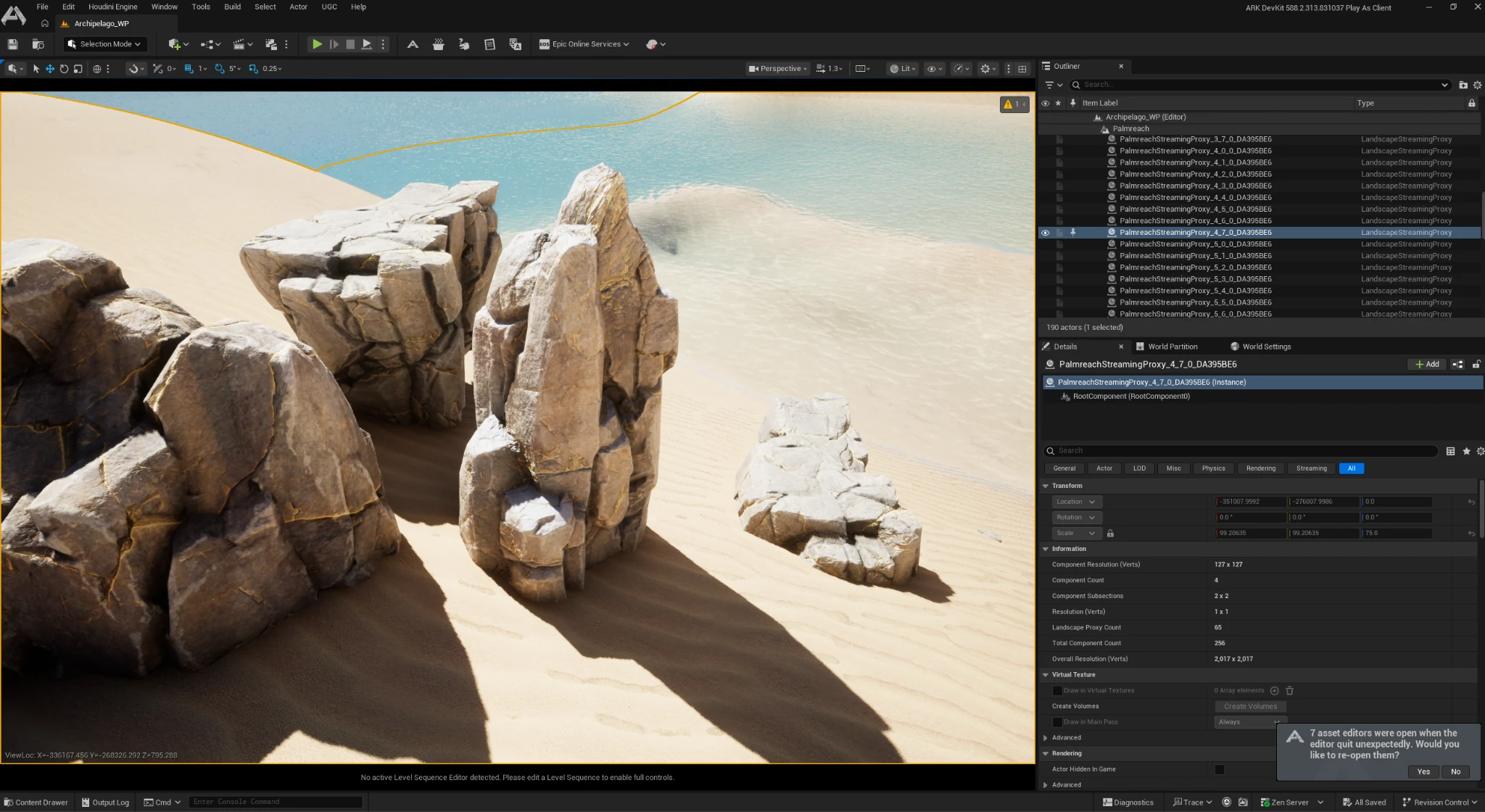 Pale coastal rock formations being arranged on Palmreach in the ARK DevKit