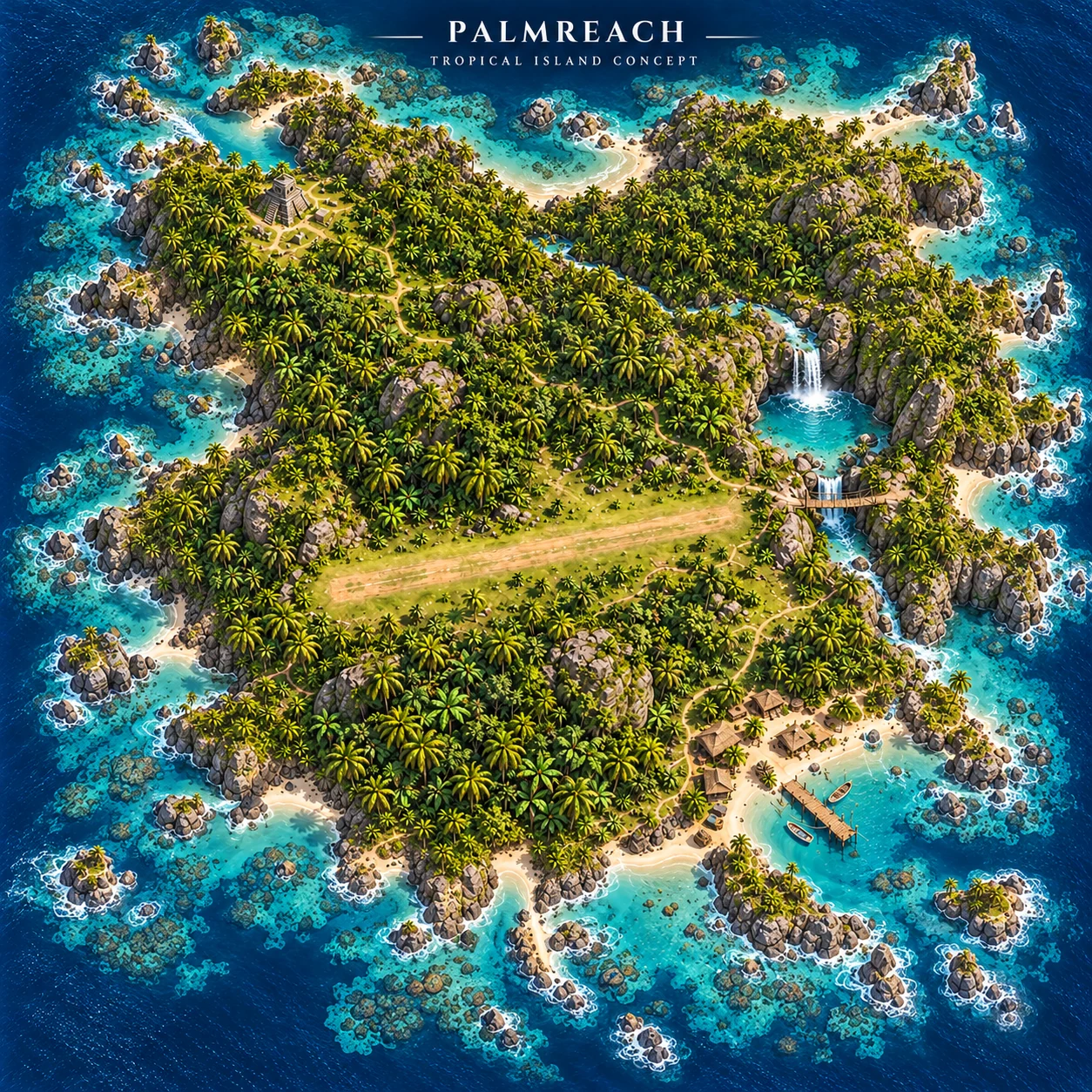 Aerial Palmreach island concept with eroded coastline, jungle, waterfall and village