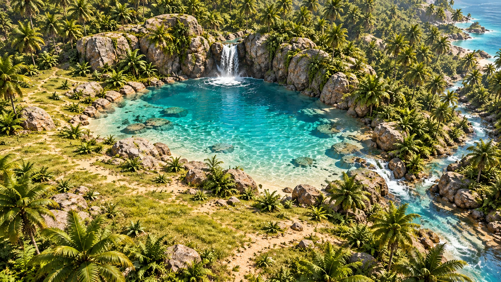 Tropical pool beneath a waterfall with an outflow stream leading to the coast
