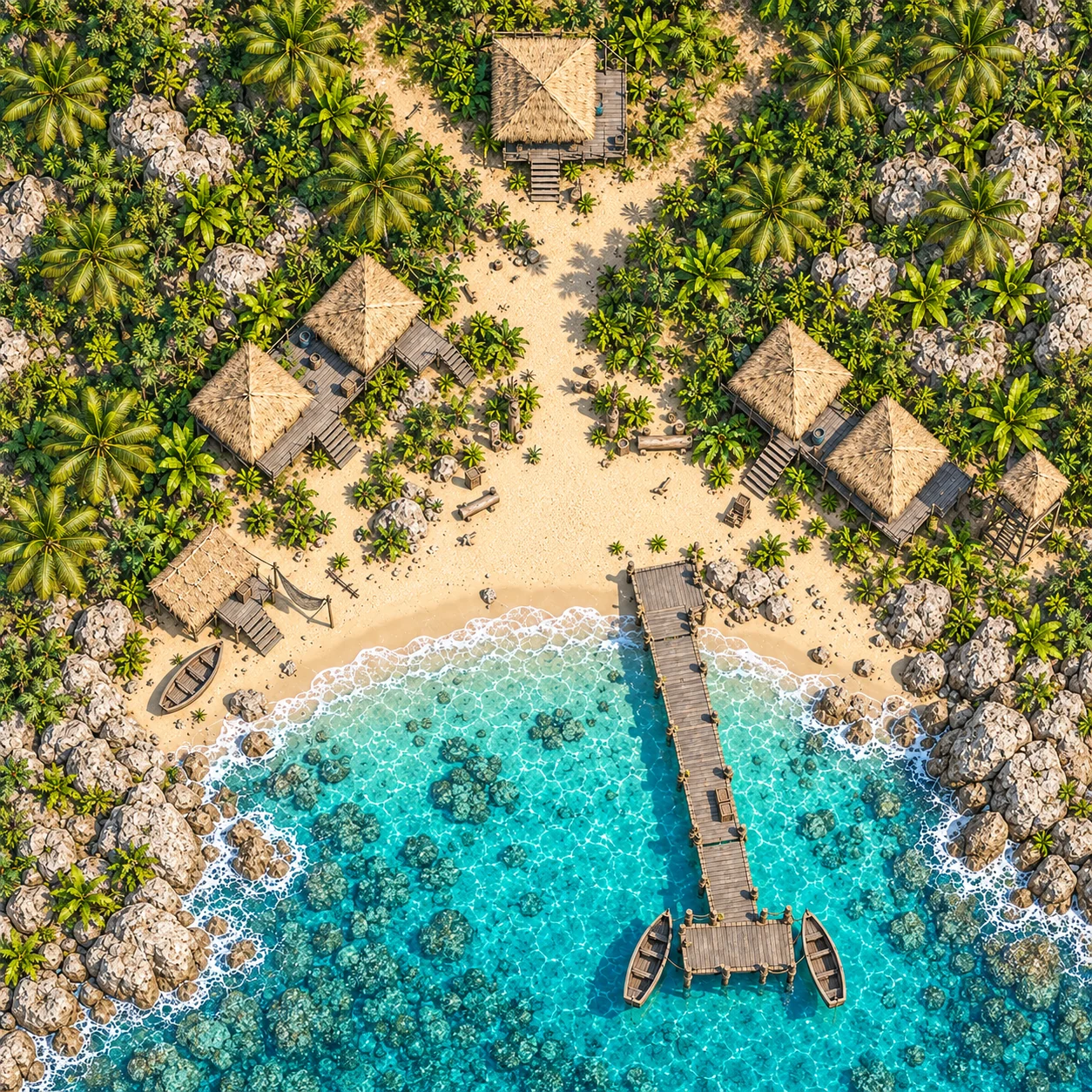 Overhead fishing village concept with thatched houses, canoes and a dock