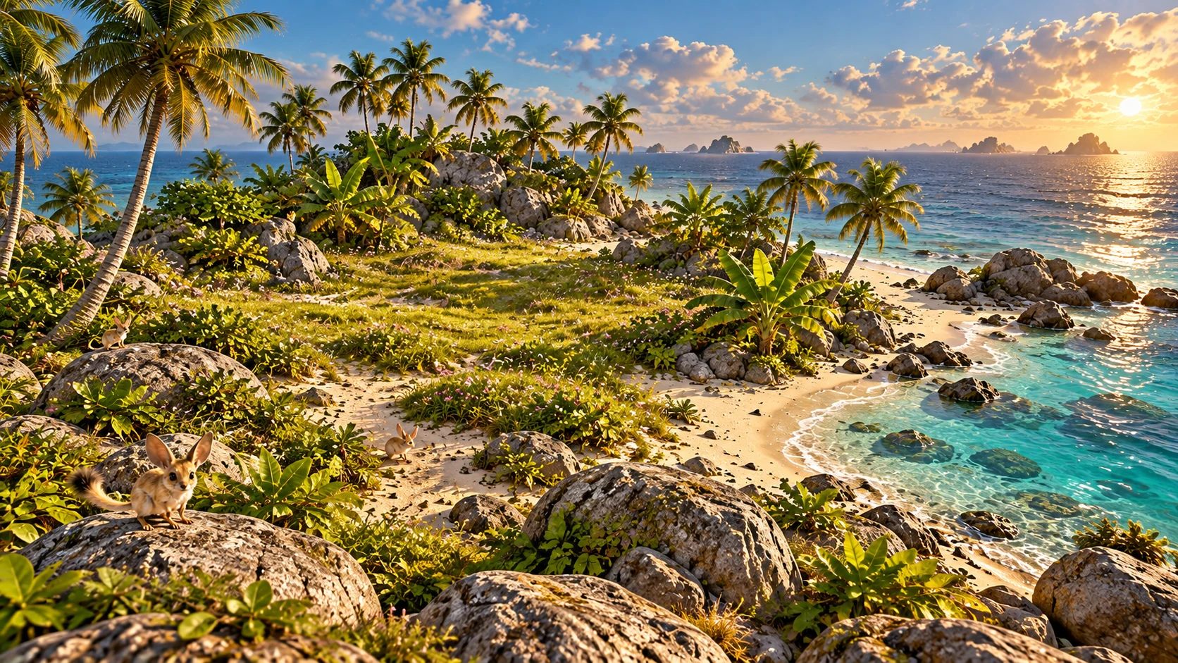 Small jerboas on a palm-lined rocky beach at sunset