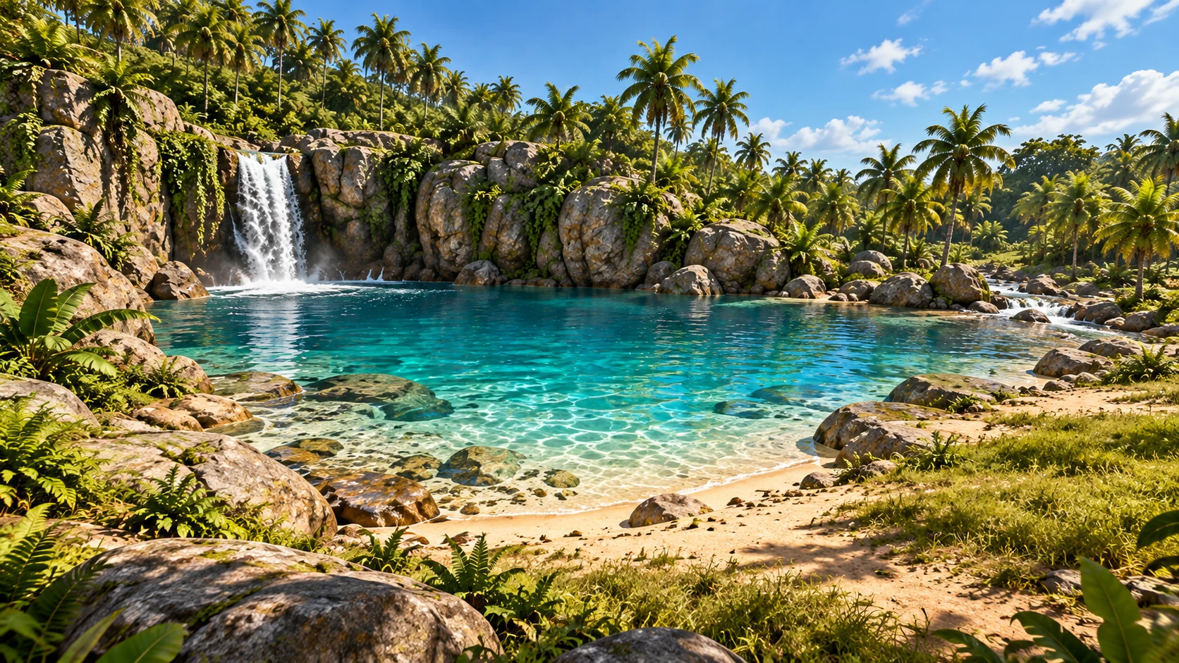 Rocky tropical waterfall pool surrounded by palms